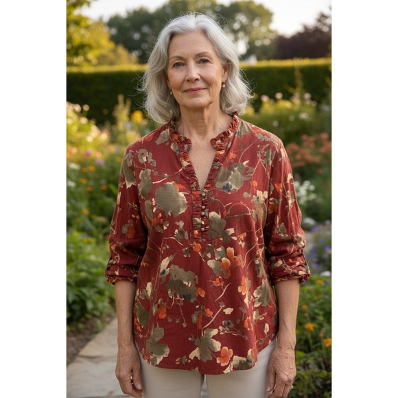 Coldwater Creek Tops - Coldwater Creek Womens 2X Rust Red Floral Ruffle Neck Roll Tab Sleeve Blouse Top